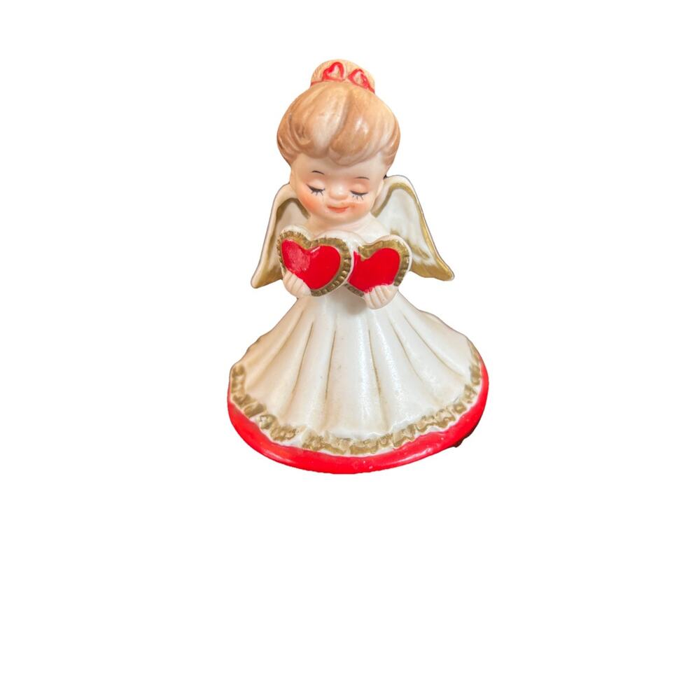 Lefton Valentine Ceramic Angel Figurine Hand Painted Japan 3in Double Hearts A2